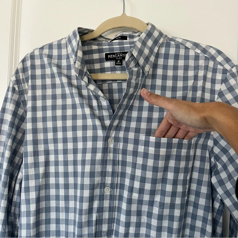 J.Crew Mens Medium Slim Light Blue Gray Long Sleeve Gingham Checkered Button Up